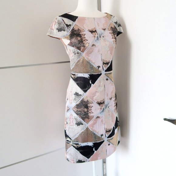 Vince Camuto Pink, Metallic & Black Cap Sleeve Jacquard Fit & Flare Mini Dress 2 - Picture 4 of 8